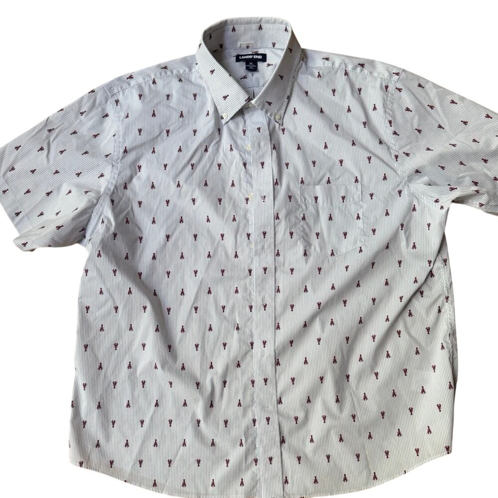 Lands’ End Coastal Lobster Blue White Striped Nautical Short Sleeve Shirt - Picture 3 of 7
